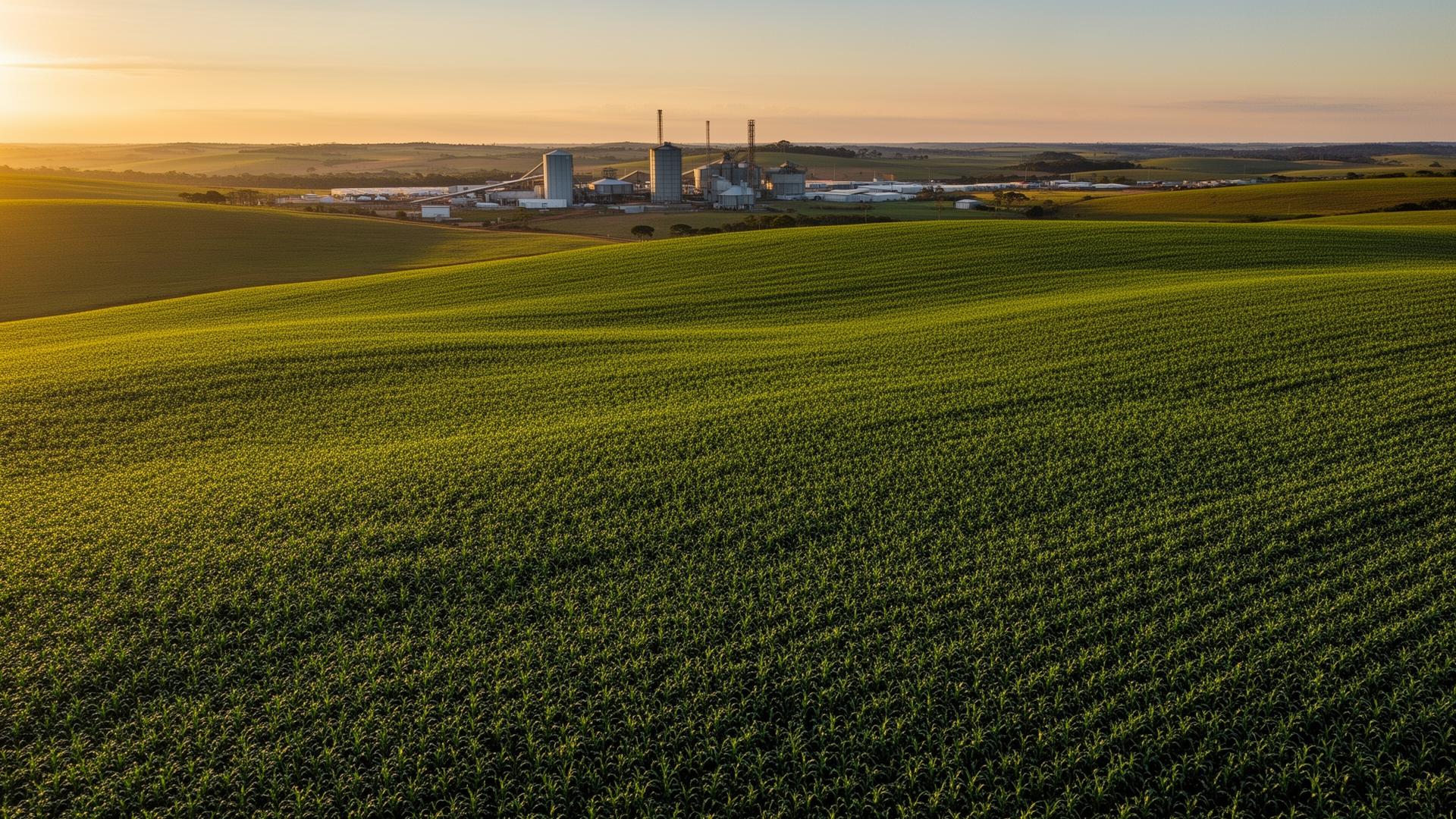 Campo de cultivo brasileiro ao amanhecer com infraestrutura agroindustrial ao fundo